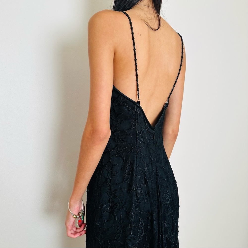 Scott McClintock Black Lace Evening Gown Dress Open Back Beaded Straps